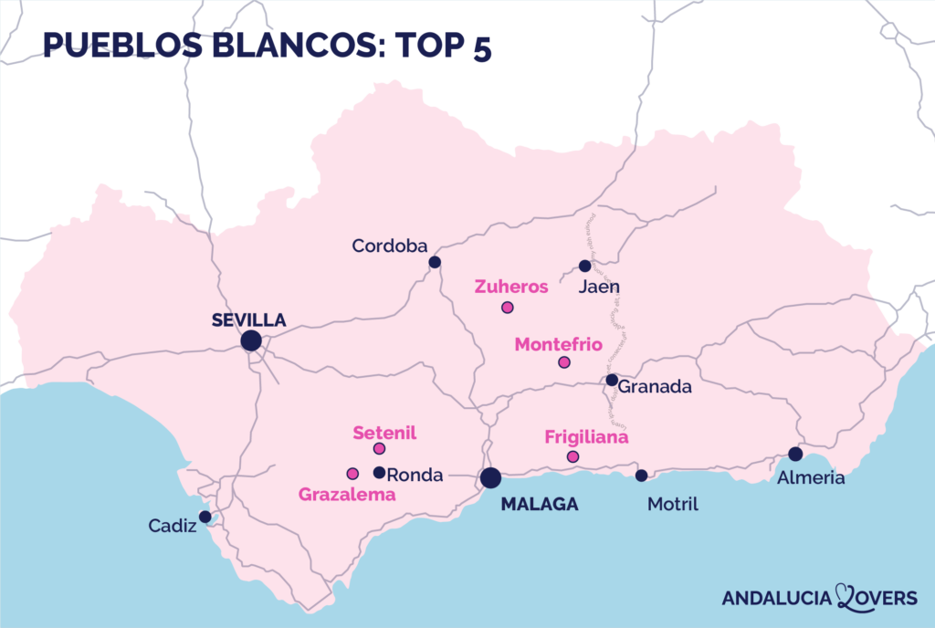 kort Bedste hvide landsbyer andalusien pueblos blancos