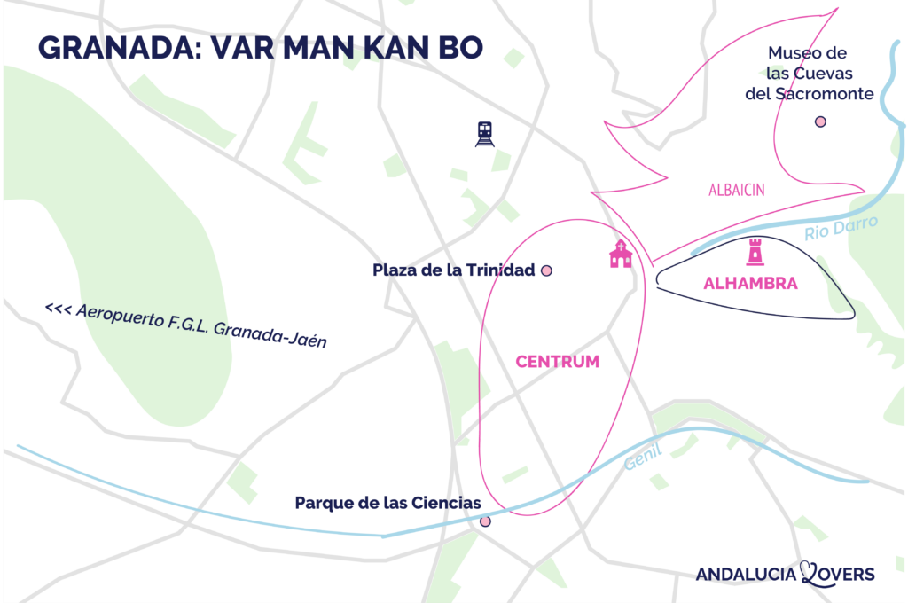 Karta över de bästa ställena att bo på i Granada