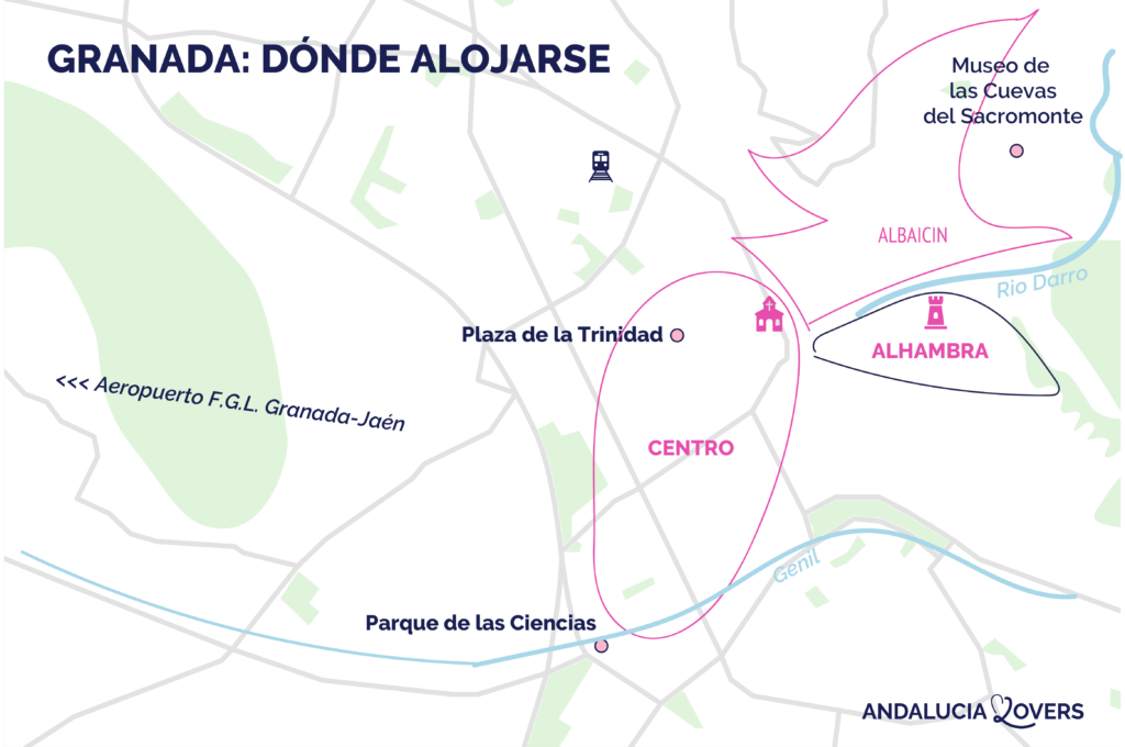 Mapa de las mejores zonas para alojarse en Granada