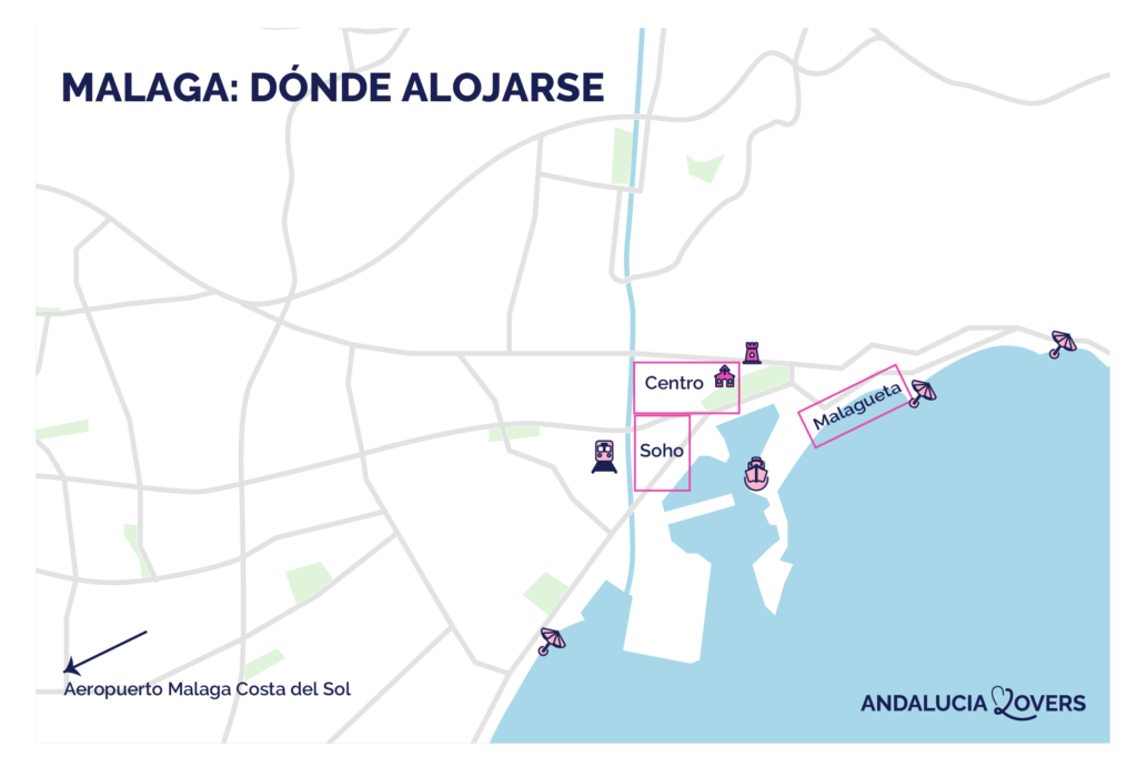 mapa de los mejores lugares para alojarse en málaga