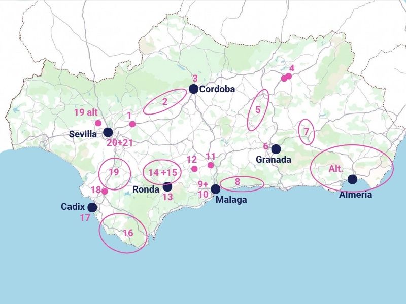 Mapa de un road trip: itinerario de tres semanas por Andalucía