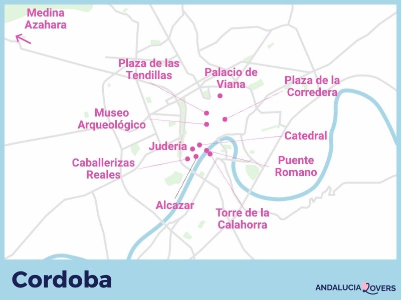 Karta över de bästa sevärdheterna i Córdoba
