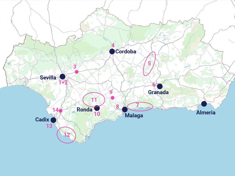 mapa do itinerário de 2 semanas pela Andaluzia